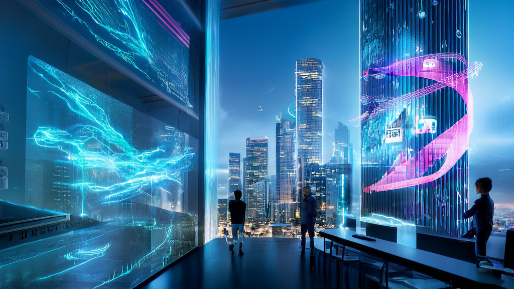 A marketing specialist in a futuristic office using AI technology to optimize email marketing strategies for better overseas market performance.