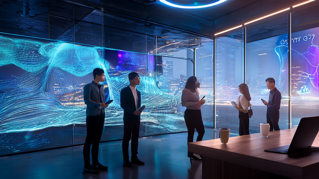 A futuristic office scene showcasing AI-optimized email marketing for precise customer acquisition