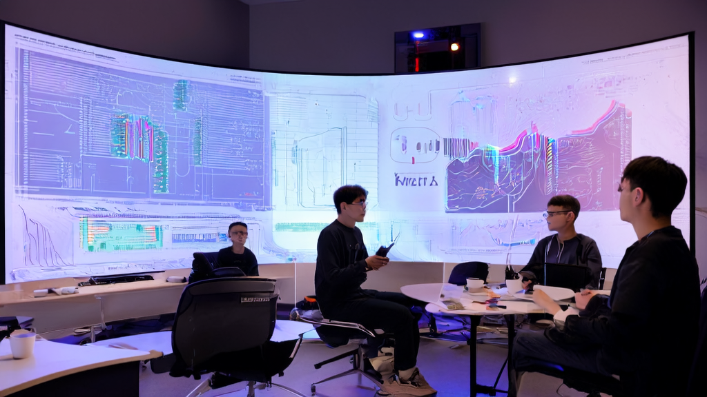 Young programmers discussing AI-optimized email marketing strategies in a high-tech office, with Dify AI assistant providing weather information via WeChat