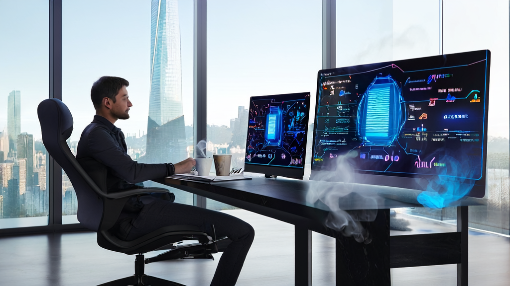A young marketing specialist in a modern office using GPT-5 to optimize email marketing, enhancing reply rates and user experience