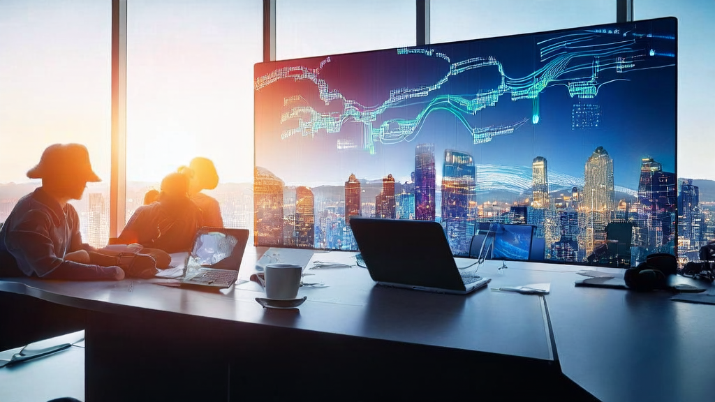 现代化办公室中，营销团队利用AI优化邮件营销，提升客户转化率，桌上的羊毛毡大熊猫增添了温馨感。