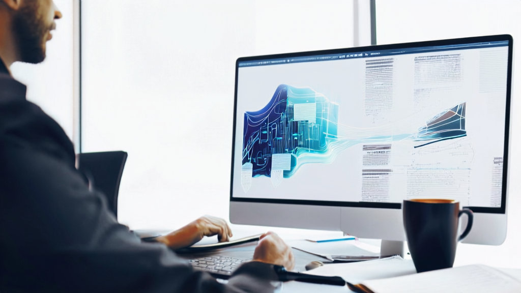 A young professional in an office reviewing an AI-optimized personalized email, with a futuristic tech-themed background.