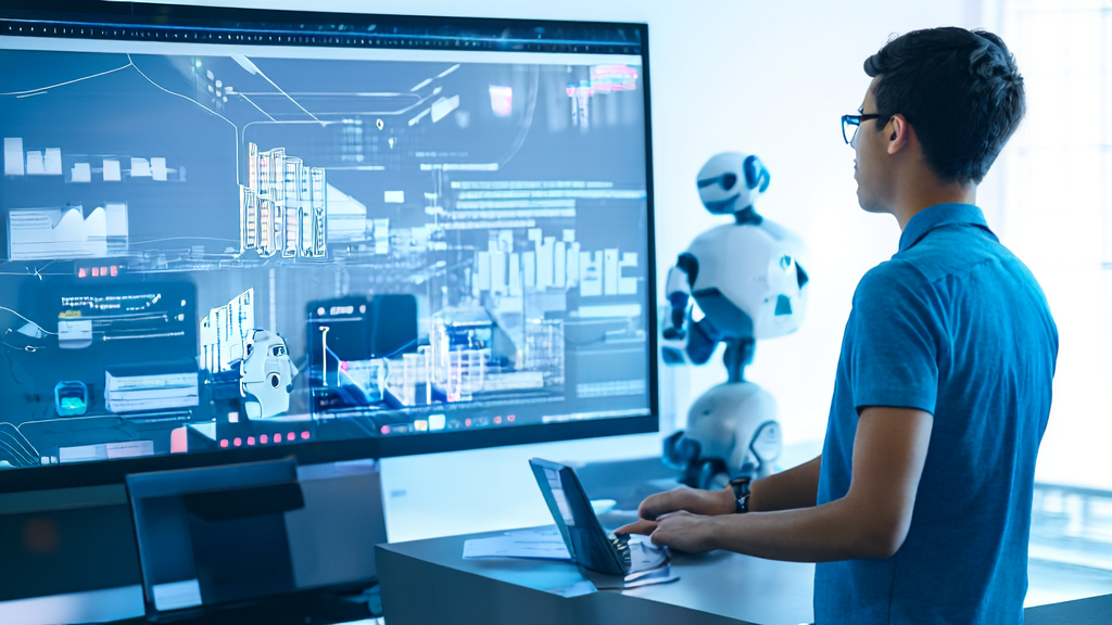 A futuristic office scene where AI is used to optimize email marketing and improve customer reply rates