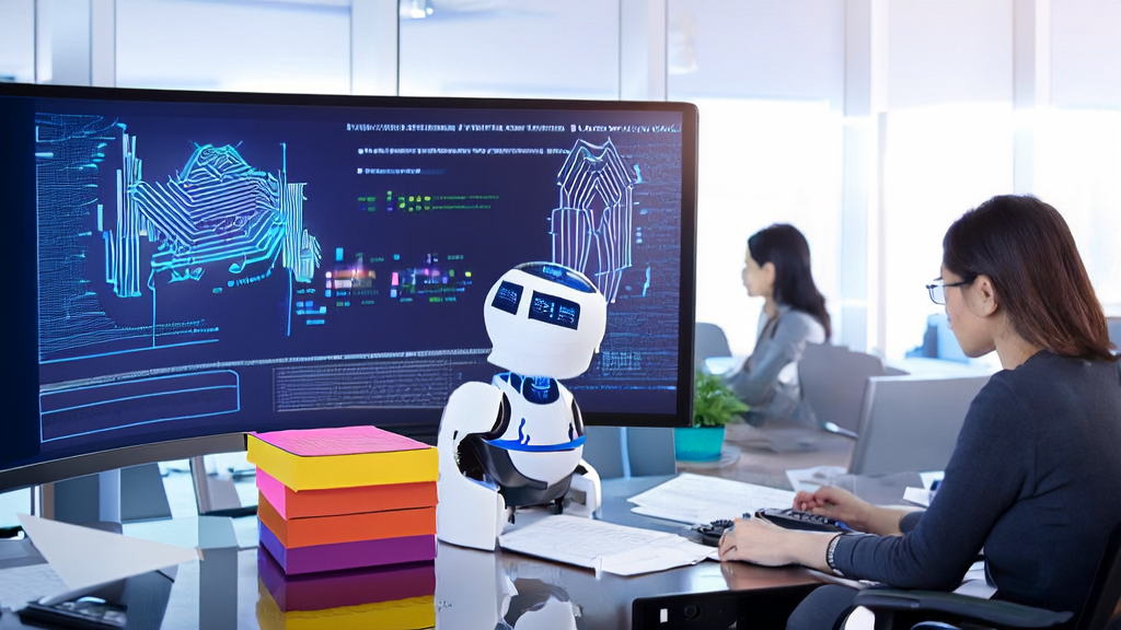 Scene in a modern office showcasing AI-optimized email marketing technology, including personalized email generation and symbols of high reply rates
