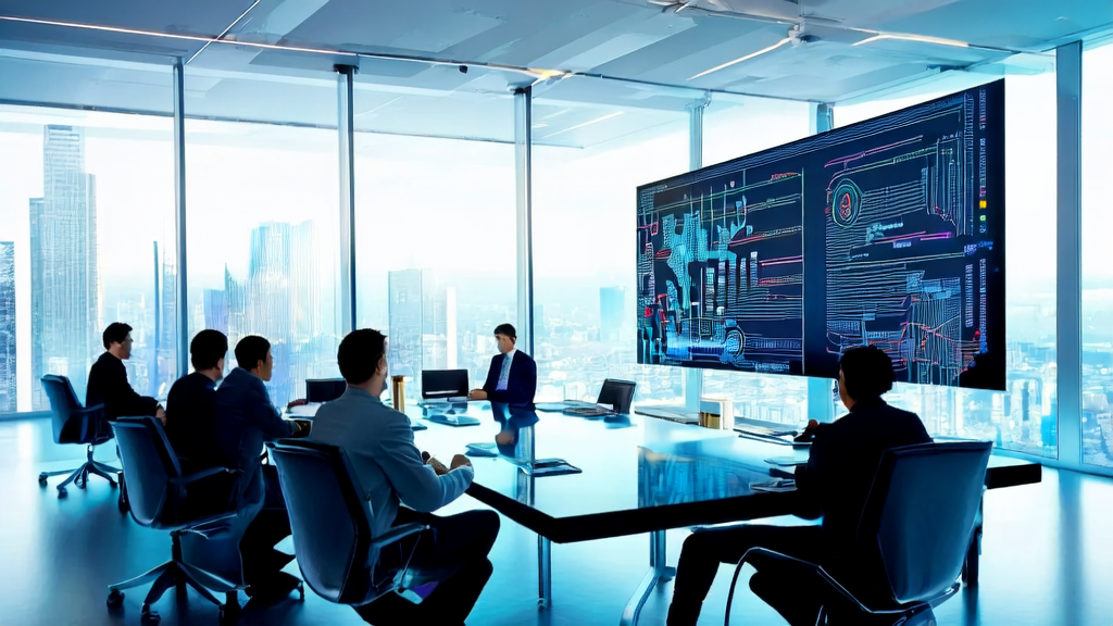 Team members in a modern office discussing AI-optimized email marketing data and charts