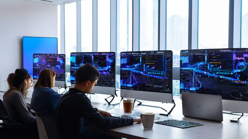 In a modern office, programmers are enhancing customer acquisition efficiency through AI-optimized email marketing, with an H100 GPU server running efficiently.