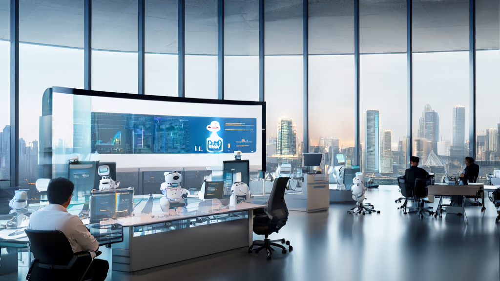 In a futuristic office, intelligent robots work alongside human employees to showcase AI-optimized email marketing processes.