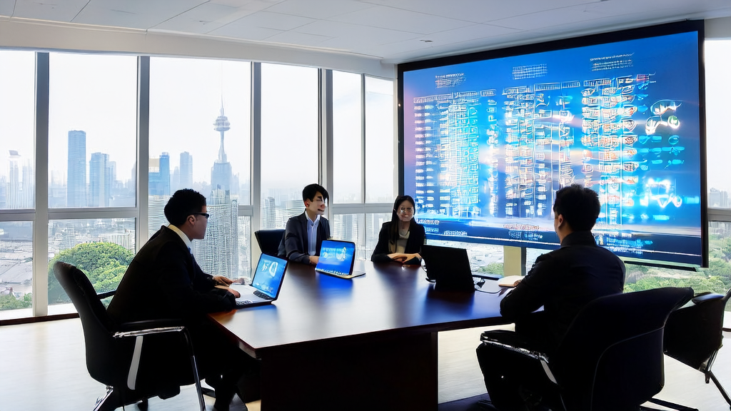 Young entrepreneurs in a meeting room discussing AI-optimized email marketing strategies, with a poster on the background wall showcasing 82 approved large models in Shanghai.