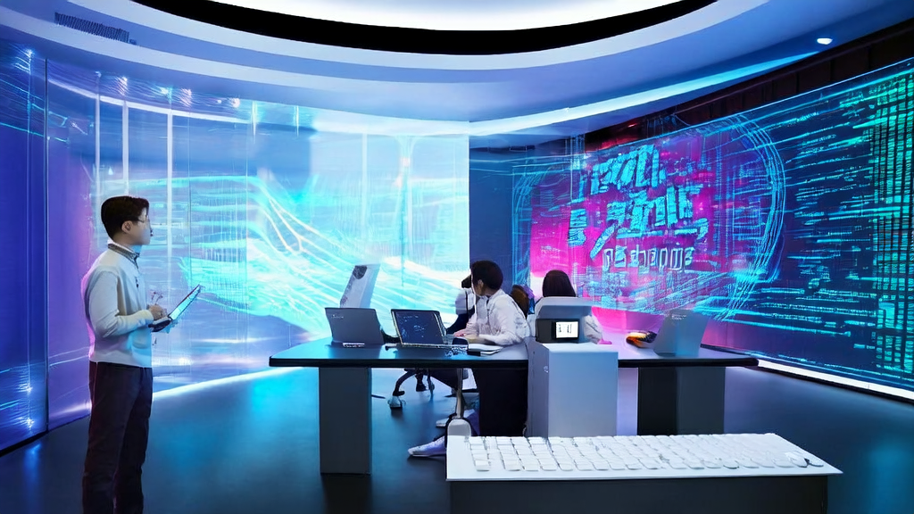 A futuristic tech office showcasing AI-optimized email marketing, where programmers are using RoboBrain 2.0 to enhance email response rates.
