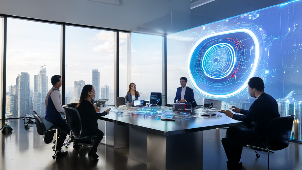 在现代化办公室中,团队成员讨论AI优化邮件营销策略,背景是城市高楼大厦