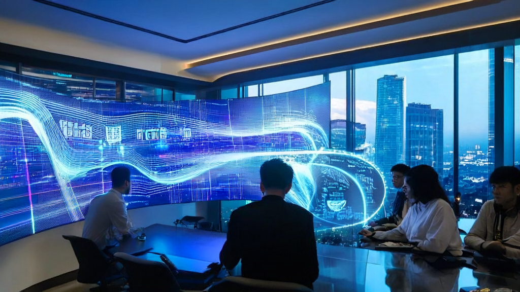 一群科技工作者在办公室里使用“猎户座”AI引擎优化邮件营销策略,背景是繁华城市景观。