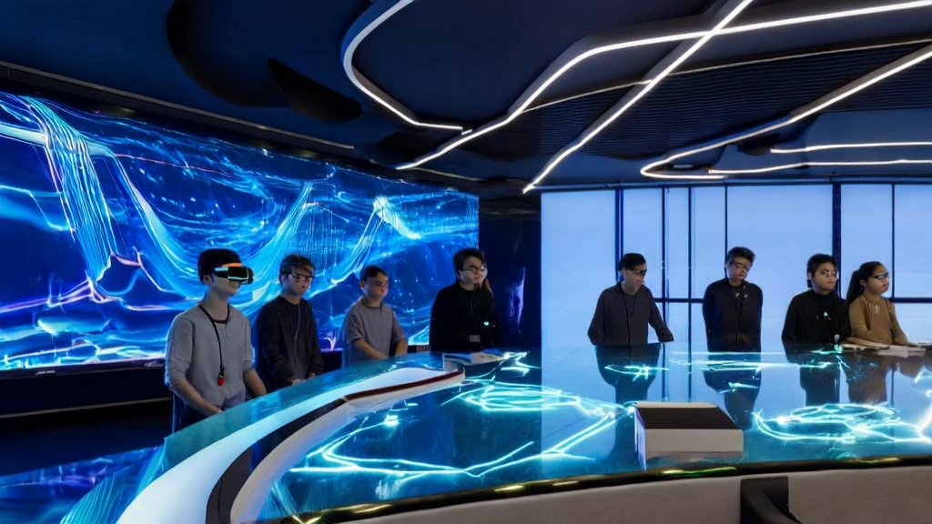 Team collaborating on AI-optimized email marketing using Poe AI chat feature in a futuristic office