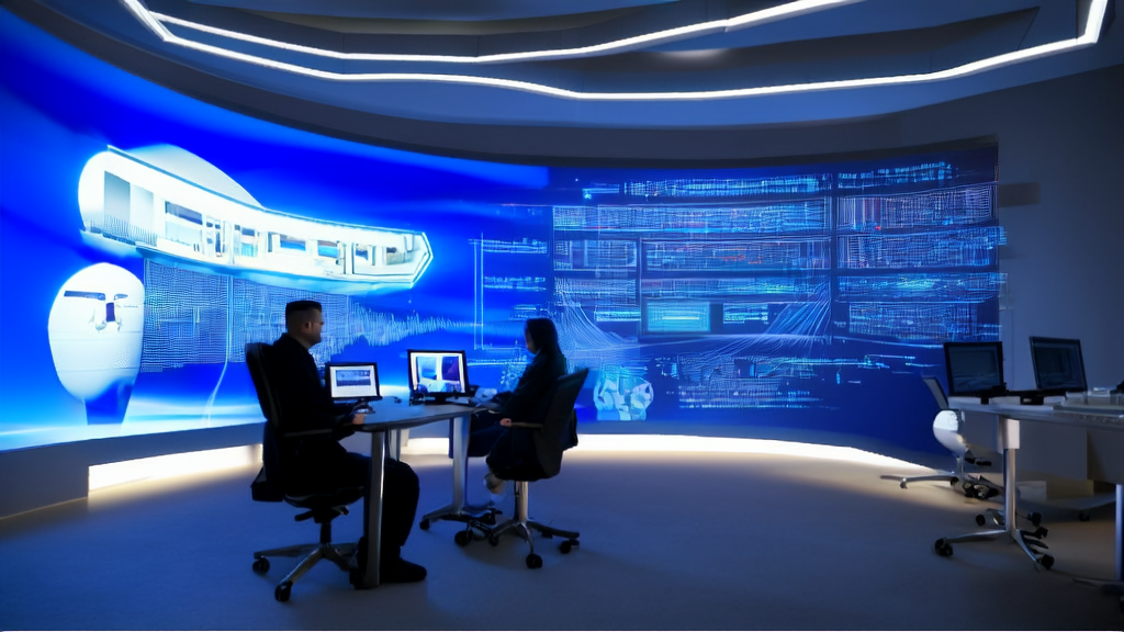 A futuristic office scene showcasing AI-optimized email marketing, featuring data stream screens, employees working on computers, a robot organizing emails, and Baidu PC AI search function statistics