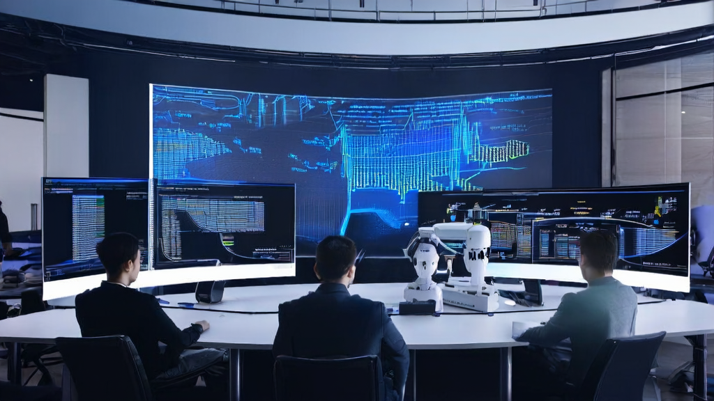 展示AI优化的邮件营销系统在办公室中运作的场景，程序员们正在通过复杂的技术手段提高客户回复率。