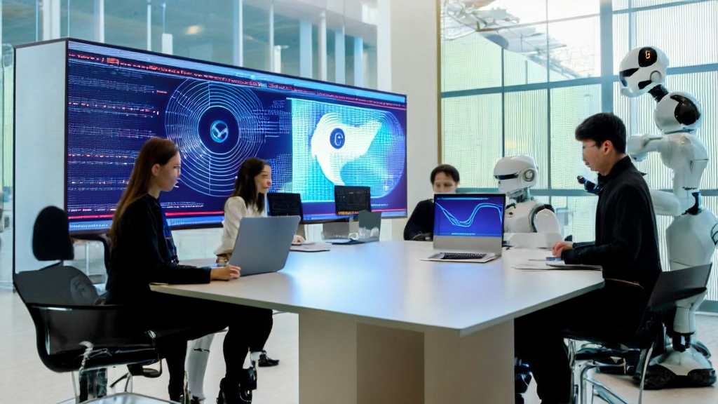 AI-optimized email marketing team discussing the Kimi K2 technology report, with a robot assistant delivering coffee
