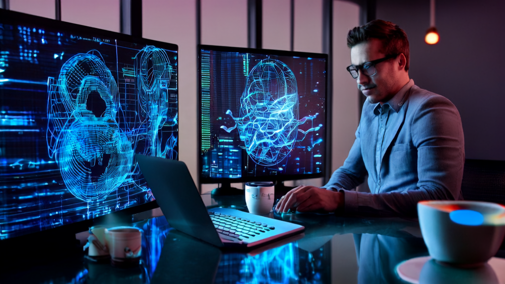 一位创业者在充满科技感的办公室中使用AI优化邮件营销,提升跨境获客效率