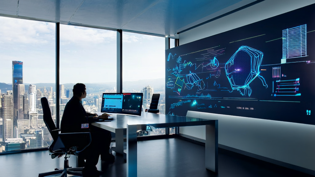 Modern office employees using AI technology for email marketing optimization, with a cityscape background and Google DeepMind's SIMA2 interface.