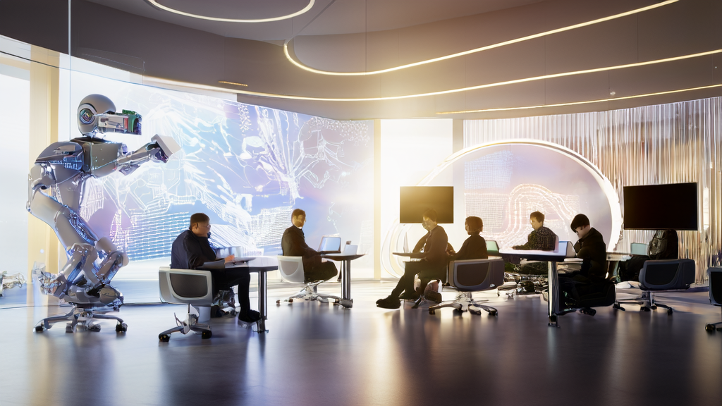 In a futuristic office, team members are using AI to optimize email marketing strategies, with a promotional poster of the OpenAI and Disney collaboration on the wall.