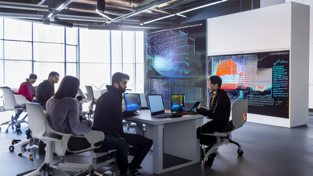 In a sunny modern office, team members are discussing AI-optimized email marketing strategies with a FLUX.1 Kontext [dev] promotional poster in the background.
