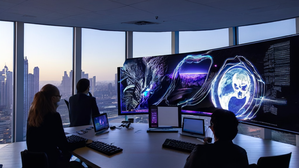 Office workers discussing AI-optimized email marketing strategies with a Codex Mortis game poster in the background