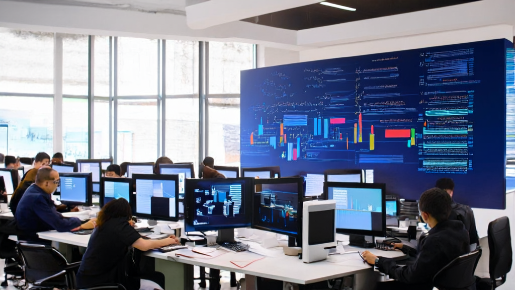 Modern office scene where employees are using AI technology to optimize email marketing and improve response rates