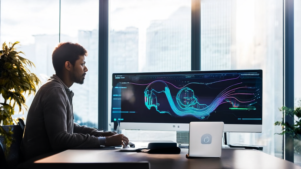 A young entrepreneur in a modern office using AI-optimized email marketing strategies, showcasing personalized content and high engagement rates