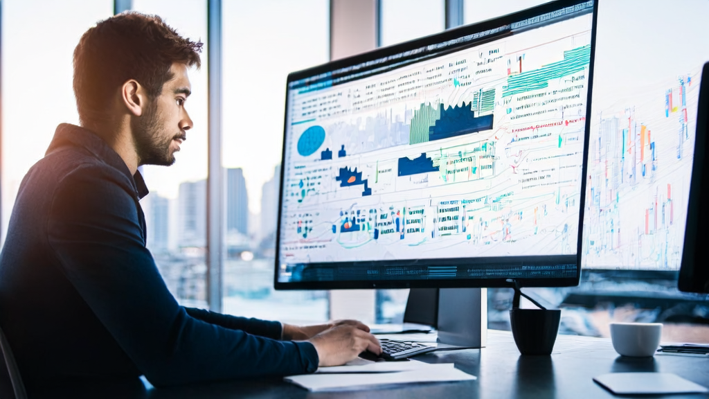 一位年轻营销经理在现代化办公室中使用AI技术优化邮件营销策略，窗外是繁华的城市天际线。