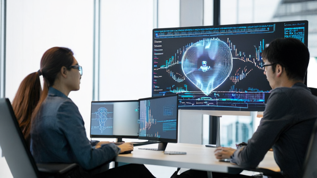 Modern office scene utilizing AI-optimized email marketing strategy