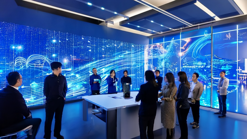 未来办公室内，团队围绕透明屏幕讨论AI优化邮件营销策略，背景展示定制芯片生产线