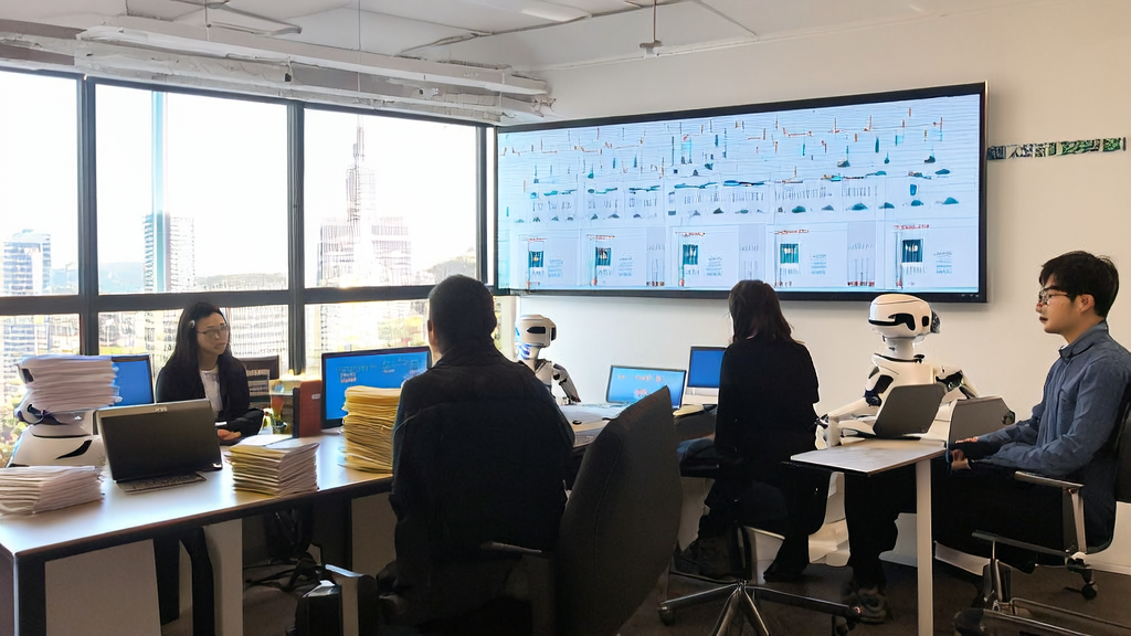 一群创业者在办公室讨论如何利用AI优化邮件营销，背景是城市天际线和网易有道“子曰3”模型的界面。