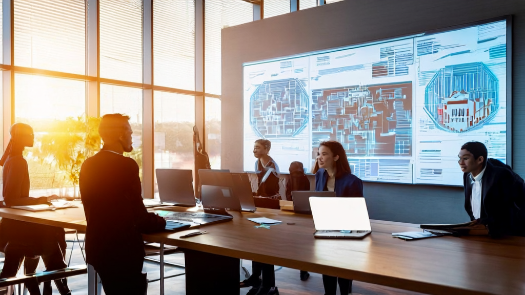 Team members discussing AI-optimized email marketing strategies in an office