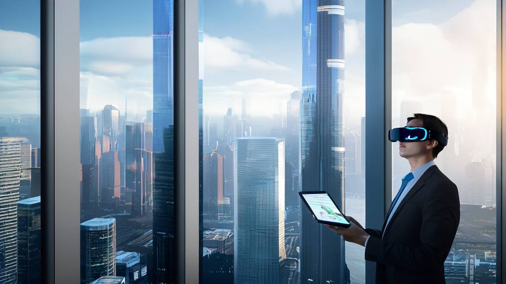 A young professional in a futuristic city using AI technology to optimize email marketing while looking up at an HTC VIVE Eagle billboard.