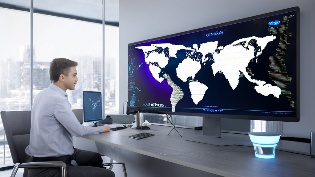 现代化办公室中，阳光透过落地窗照亮数据分析图表和机器学习模型界面，智能机器人助手提示最佳邮件发送时间。