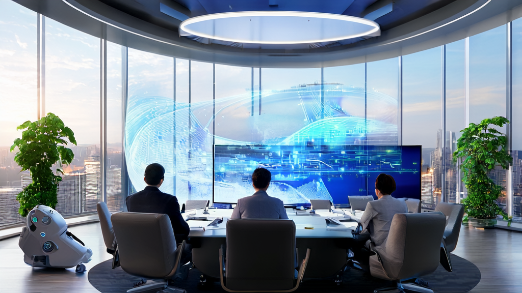 商务团队在现代化办公室中利用AI技术优化B2B市场获客流程，注重效率与环保并行