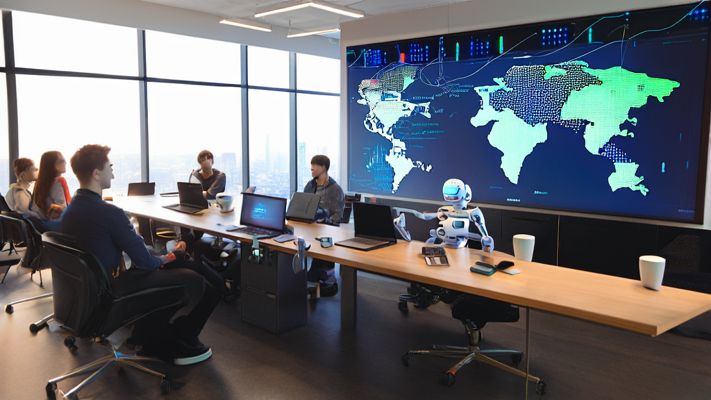 In a sunlit modern office, a team uses AI to optimize email sending times for cross-border commerce sales