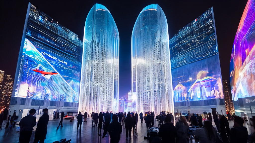 未来城市的广告投放分析场景，展示AI技术优化广告触达与成本控制的效果