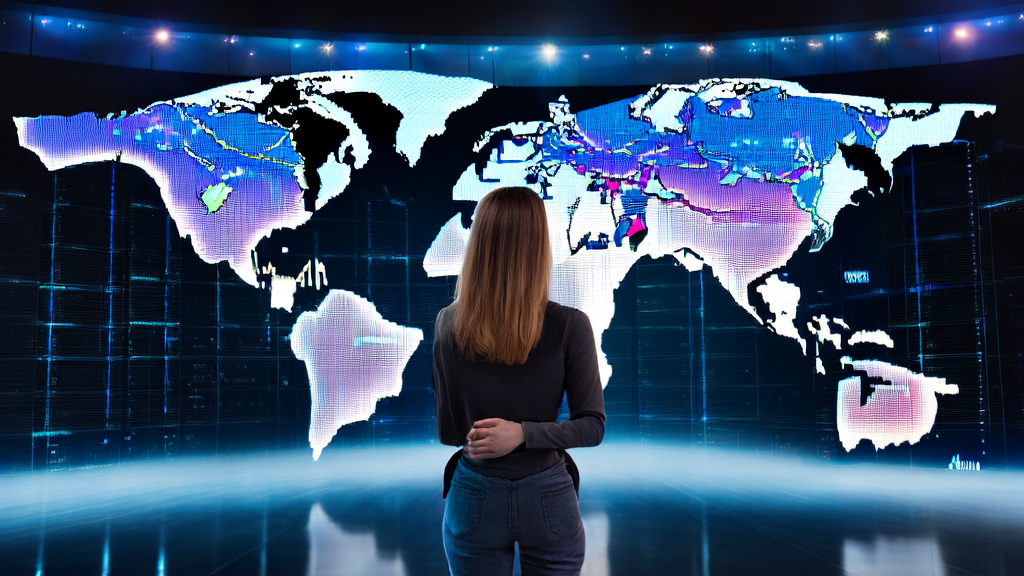一位创业者站在全球地图前，思考如何利用AI技术优化海外市场的营销效果，背景中有闪烁的服务器和数据流。