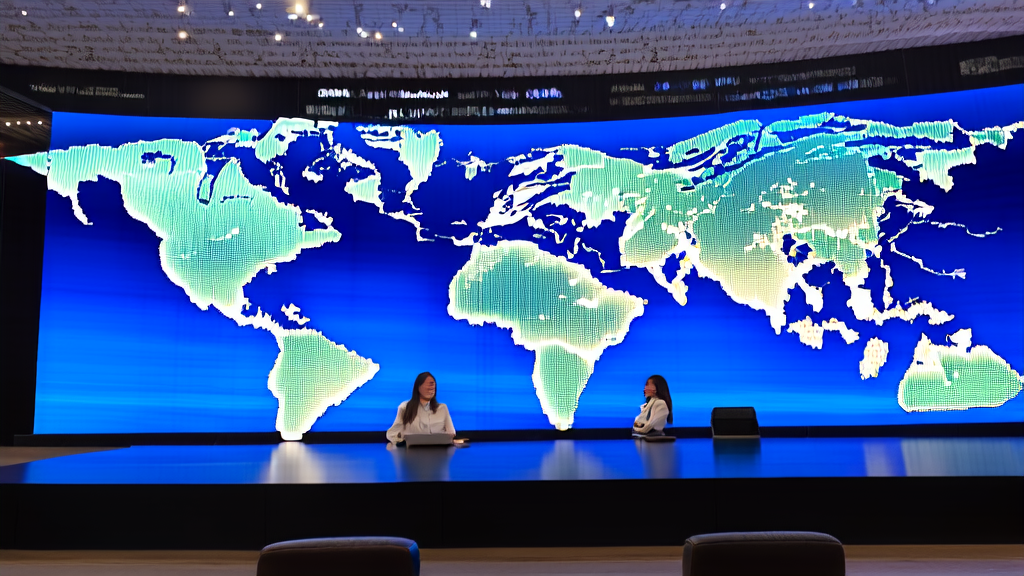A diagram illustrating the use of AI technology to optimize overseas marketing strategies, showing an entrepreneur analyzing market trends and adjusting strategies using a smart screen.