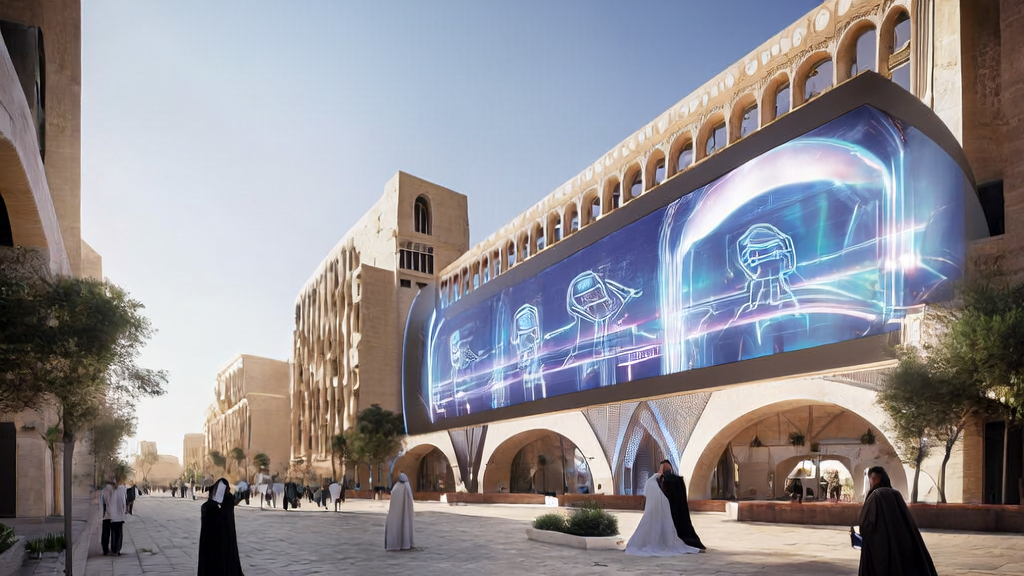 Modern AI technology center on the streets of a Middle Eastern city, showcasing the integration of AI applications with local culture