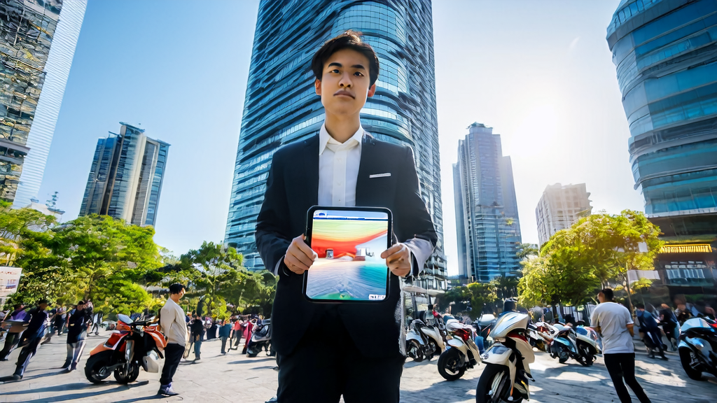Entrepreneur using AI-generated Sparks video in front of a modern office building in Vietnam