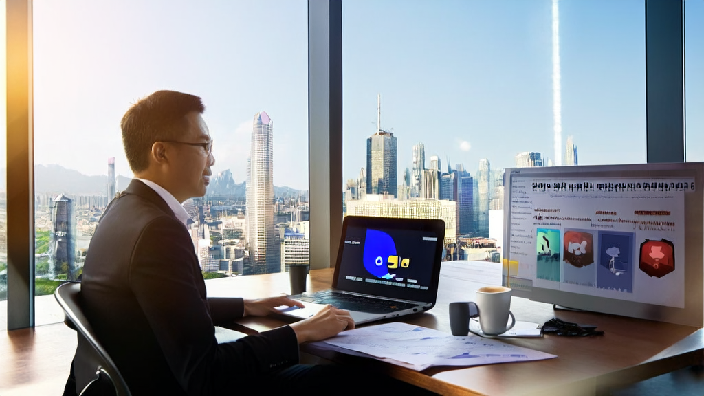 A Southeast Asian entrepreneur exploring AI overseas acquisition strategies using Google Gemini AI in a modern office