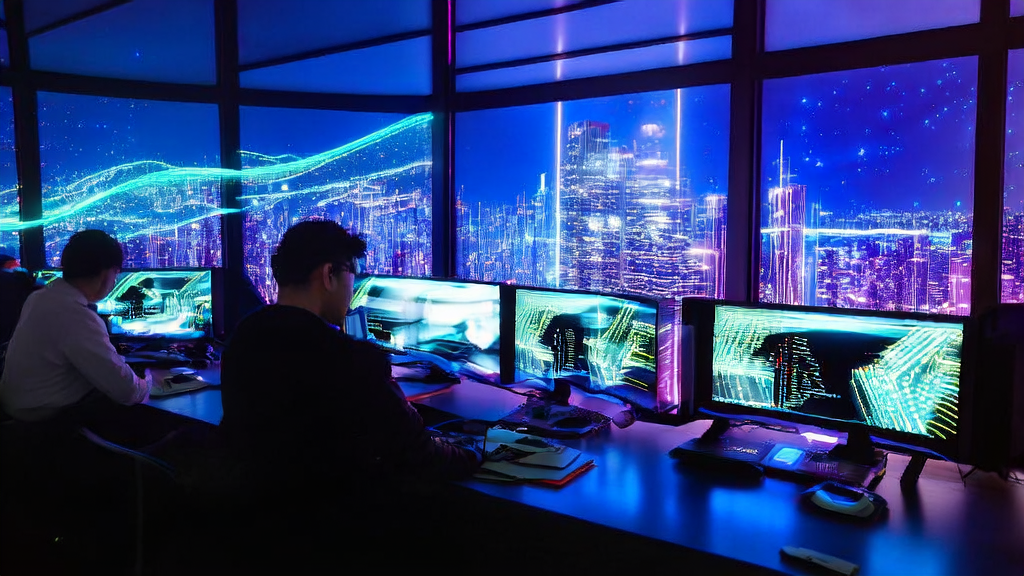 A programmer using Alibaba Cloud Tongyi Lingma AI IDE for marketing automation development, with a vibrant future city night view outside the window.