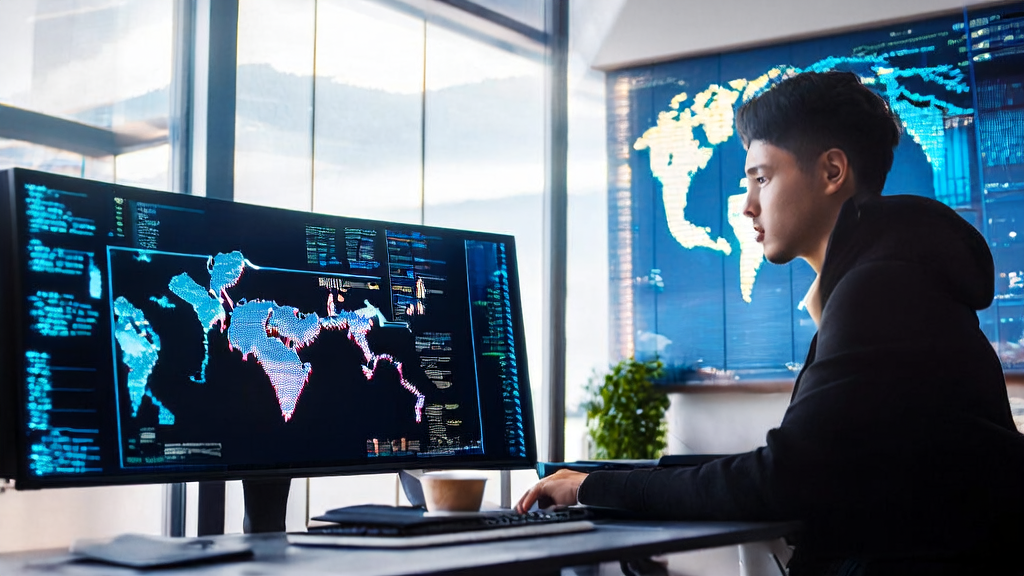 智能营销自动化中的AI力量：程序员在分析客户数据，背景是全球地图，象征全球化市场拓展
