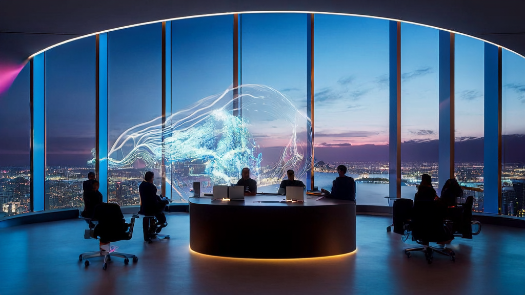 A futuristic office where a team is using AI technology to discuss acquisition strategies for cross-border e-commerce and B2B markets