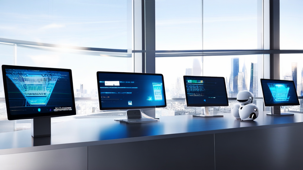 In a modern office bathed in sunlight, employees are preparing to send personalized, high-conversion emails using AI technology, with Dyson's True Ai cleaning robot models on their desks.