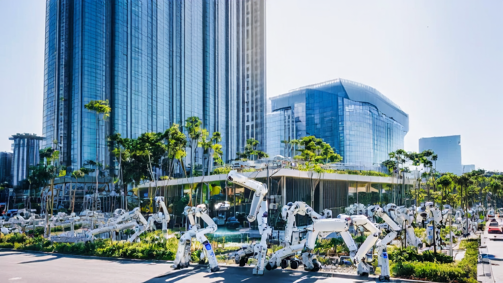 中东地区一家科技公司大楼前的人们和AI机器人模型，背景是苹果公司在越南的AI生产线