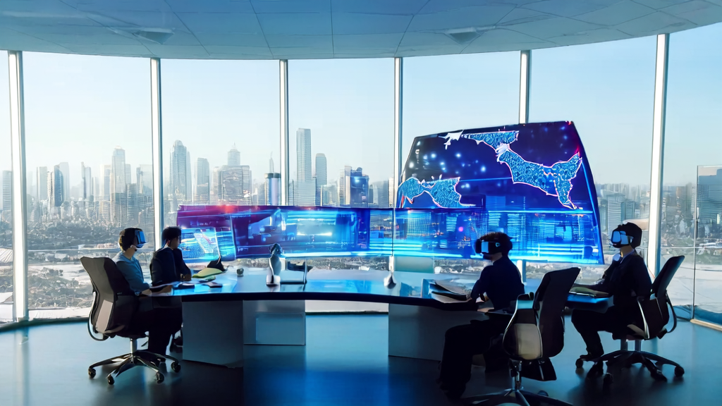 In a futuristic tech office, employees use AI-powered email marketing systems for global market expansion, with a world map on the wall showing successfully reached clients.