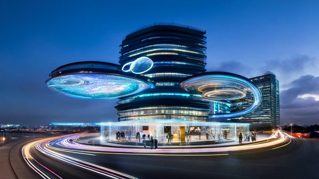 未来城市的现代化办公楼内，技术人员利用AI技术优化跨境电商获客策略