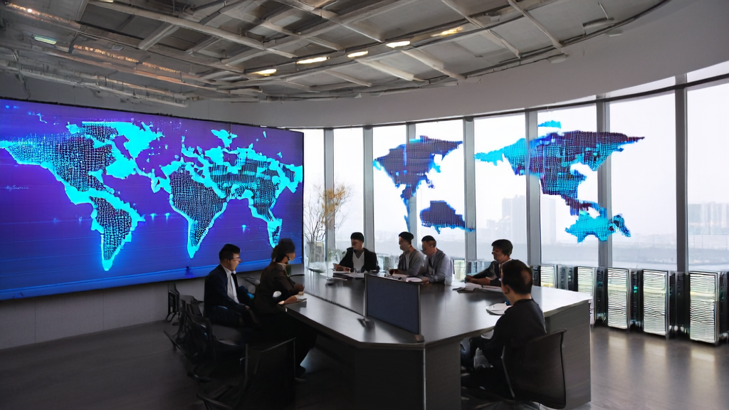 Illustration of AI technology in cross-border e-commerce marketing automation, featuring a smart conference table, global collaboration projects, and advanced technology equipment