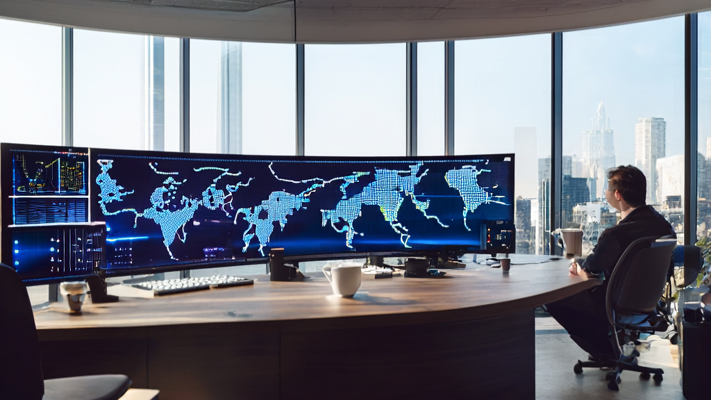 阳光明媚的早晨，跨境电商公司办公室内员工们正在使用AI驱动的客户获取解决方案工作，背景是繁华的城市景观。